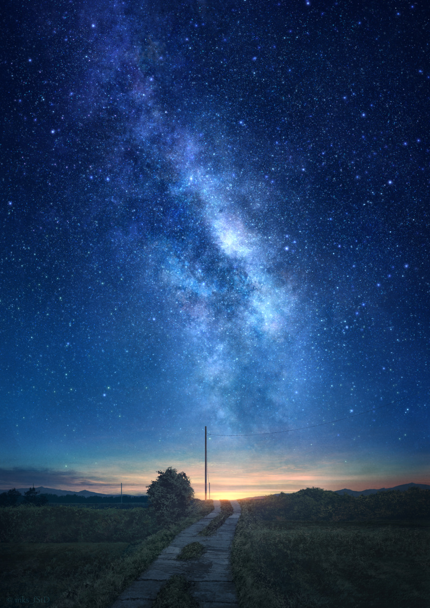 blue_sky galaxy grass highres mks no_humans original power_lines scenery sky star_(sky) star_(symbol) starry_sky sunset tree