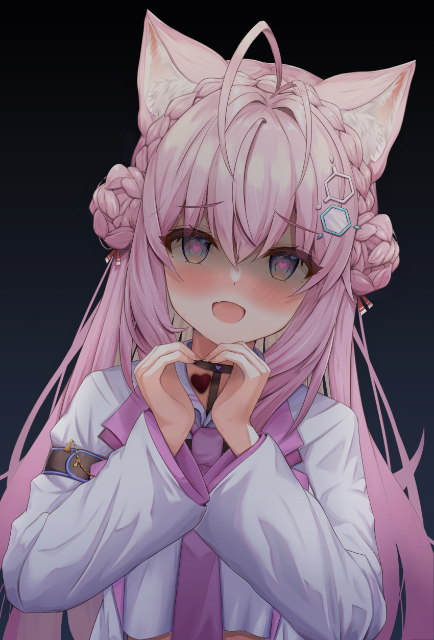 1girl :d absurdres animal_ear_fluff animal_ears antenna_hair bangs black_choker blush braid braided_bun choker coyote_ears coyote_girl cropped_shirt crown_braid eyebrows_visible_through_hair fang hair_between_eyes hair_ornament hairclip hakui_koyori heart heart-shaped_pupils heart_hands highres hololive labcoat long_hair long_sleeves looking_at_viewer necktie pink_hair pink_necktie shaded_face shirt smile solo suicabar72 symbol-shaped_pupils violet_eyes virtual_youtuber white_shirt yandere