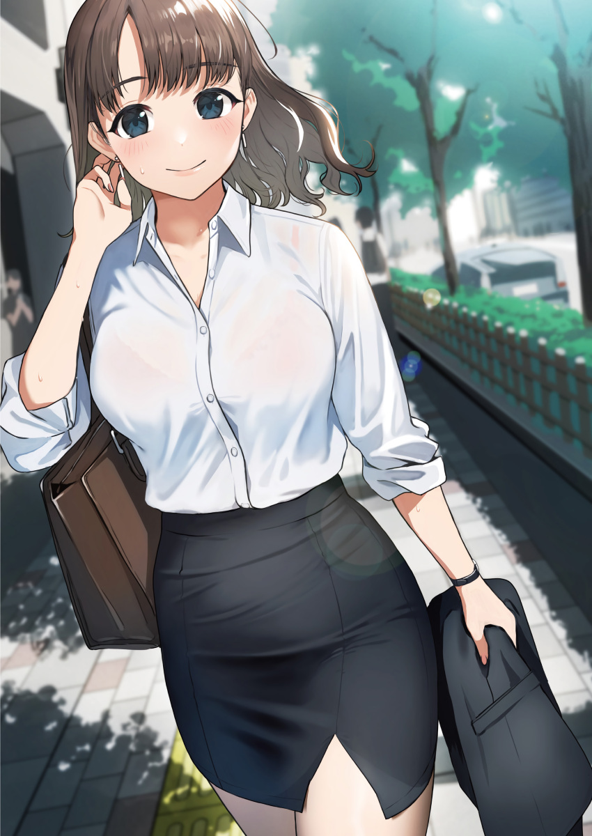 1girl absurdres bag black_skirt blue_eyes blush bra brown_bag brown_hair carrying_bag doushimasho dress_shirt earrings eyebrows_visible_through_hair highres holding holding_clothes jewelry long_hair office_lady original outdoors see-through shirt skirt sleeves_rolled_up smile underwear watch watch white_shirt
