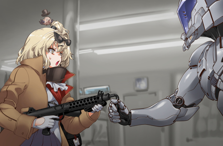 1girl 1other animal_on_head bangs bent_barrel bird bird_on_head blonde_hair brown_jacket cowboy_shot curly_hair eyewear_on_head fluorescent_lamp frilled_skirt frills from_side girls_frontline gloves gun hair_ornament hairclip helmet henshako holding holding_weapon id_card jacket mechanical_arms o_o on_head open_clothes open_jacket parody robocop side_ponytail skirt sterling_(girls'_frontline) sterling_smg strelet_(girls'_frontline) submachine_gun sunglasses sweatdrop weapon white_gloves yellow_eyes