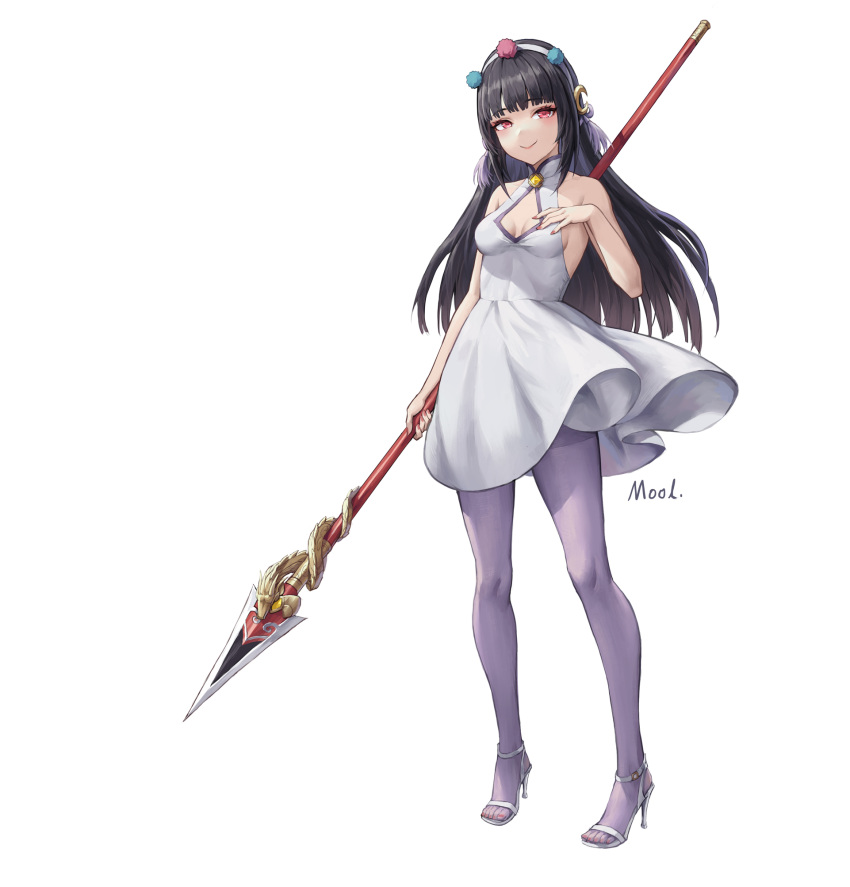 1girl alternate_costume artist_name bangs bare_arms bare_shoulders black_hair blunt_bangs breasts cleavage_cutout closed_mouth clothing_cutout collarbone commentary_request crescent crescent_hair_ornament dress eyebrows_visible_through_hair full_body genshin_impact grey_legwear hair_ornament hairband hand_up high_heels highres holding holding_polearm holding_weapon long_hair looking_at_viewer mool_yueguang nail_polish pantyhose polearm pom_pom_(clothes) red_eyes red_nails shiny shiny_hair short_dress sidelocks signature simple_background sleeveless sleeveless_dress small_breasts smile solo spear standing strappy_heels tassel toeless_footwear turtleneck weapon white_background white_dress white_hairband yun_jin_(genshin_impact)