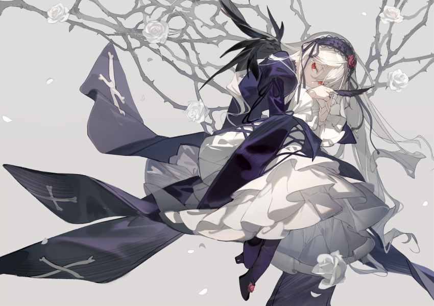 1girl black_dress black_footwear black_wings dress feathers flower full_body grey_background hair_between_eyes hairband high_heels highres holding holding_feather kumatangent layered_dress long_hair long_sleeves looking_at_viewer red_eyes rose rozen_maiden solo suigintou thorns white_dress white_flower white_hair white_rose wings