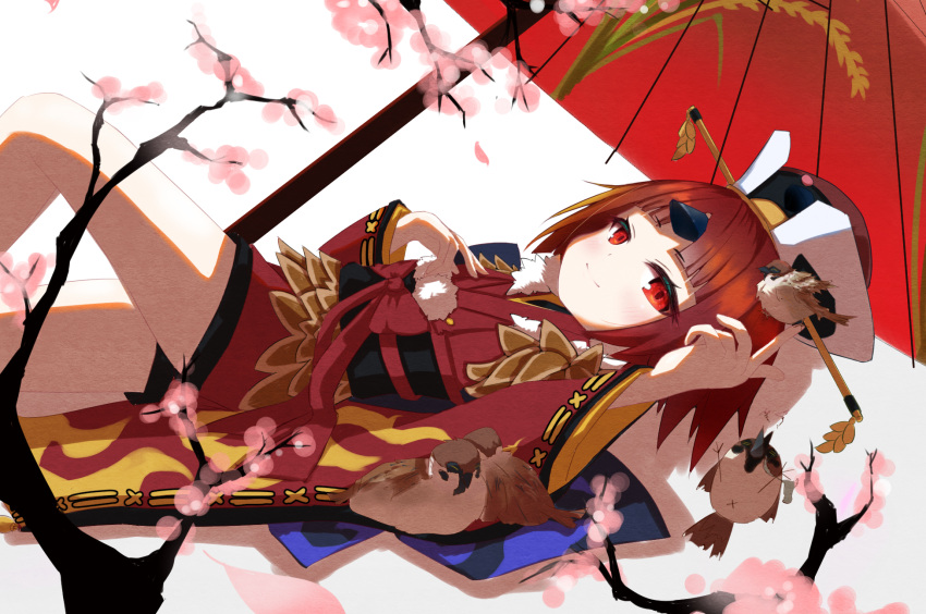 1girl beni8539 benienma_(fate) bird bird_on_hand brown_hair cherry_blossoms fate/grand_order fate_(series) feather_trim hat highres japanese_clothes kimono lying oil-paper_umbrella on_back red_eyes smile sparrow umbrella