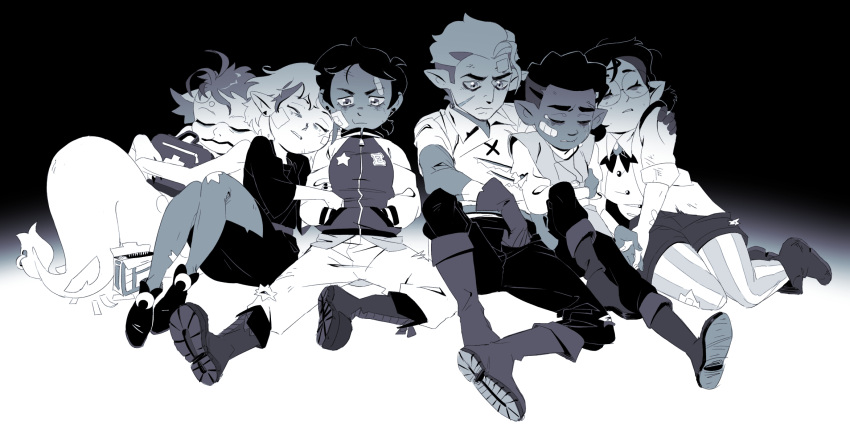 2boys 4girls amity_blight bandages bandaid bandaid_on_face boots crying dana_terrace first_aid_kit gus_porter highres hug hunter_(the_owl_house) lamia luz_noceda monochrome monster_girl multiple_boys multiple_girls pointy_ears scar scar_on_face sleeping spoilers the_owl_house torn_clothes vee_(the_owl_house) willow_park