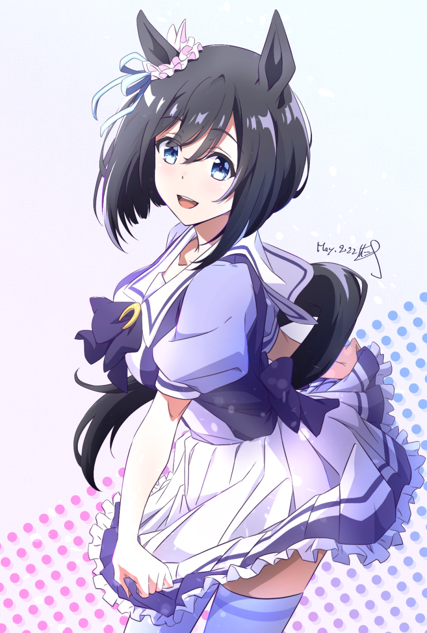 1girl :d animal_ears bangs black_hair blue_eyes bow breasts dated dot_nose eishin_flash_(umamusume) eyebrows_visible_through_hair frills hair_ribbon highres horse_ears horse_girl horse_tail looking_at_viewer medium_breasts nii_manabu open_mouth purple_bow ribbon sailor_collar scrunchie short_hair short_sleeves signature skirt_hold smile solo tail teeth thigh-highs umamusume upper_teeth