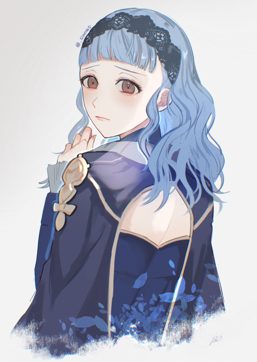 1girl backless_dress backless_outfit black_hairband blue_dress blue_hair brown_eyes closed_mouth clothing_cutout commentary_request cropped_torso dress fire_emblem fire_emblem:_three_houses fire_emblem_warriors:_three_hopes from_behind hairband highres lace_hairband lips long_hair long_sleeves looking_at_viewer marianne_von_edmund oas pink_lips simple_background solo twitter_username wavy_hair white_background