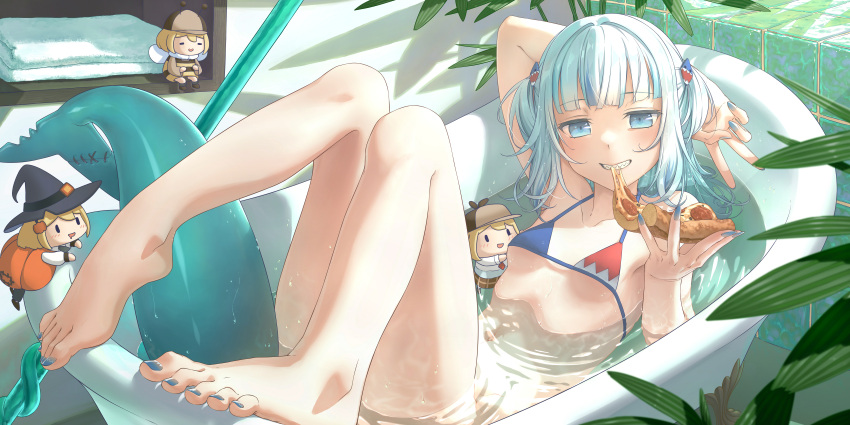 4girls absurdres bangs barefoot bathing bathtub blonde_hair blue_eyes blue_hair blunt_bangs breasts fish_tail food gawr_gura hair_ornament hat highres hololive hololive_english holomyth medium_hair multicolored_hair multiple_girls nail_polish pizza polearm shark_girl shark_hair_ornament shark_tail sharp_teeth small_breasts smol_ame streaked_hair swimsuit tail teeth toenail_polish toenails toes trident twintails two_side_up virtual_youtuber weapon wei_cheng white_hair witch_hat