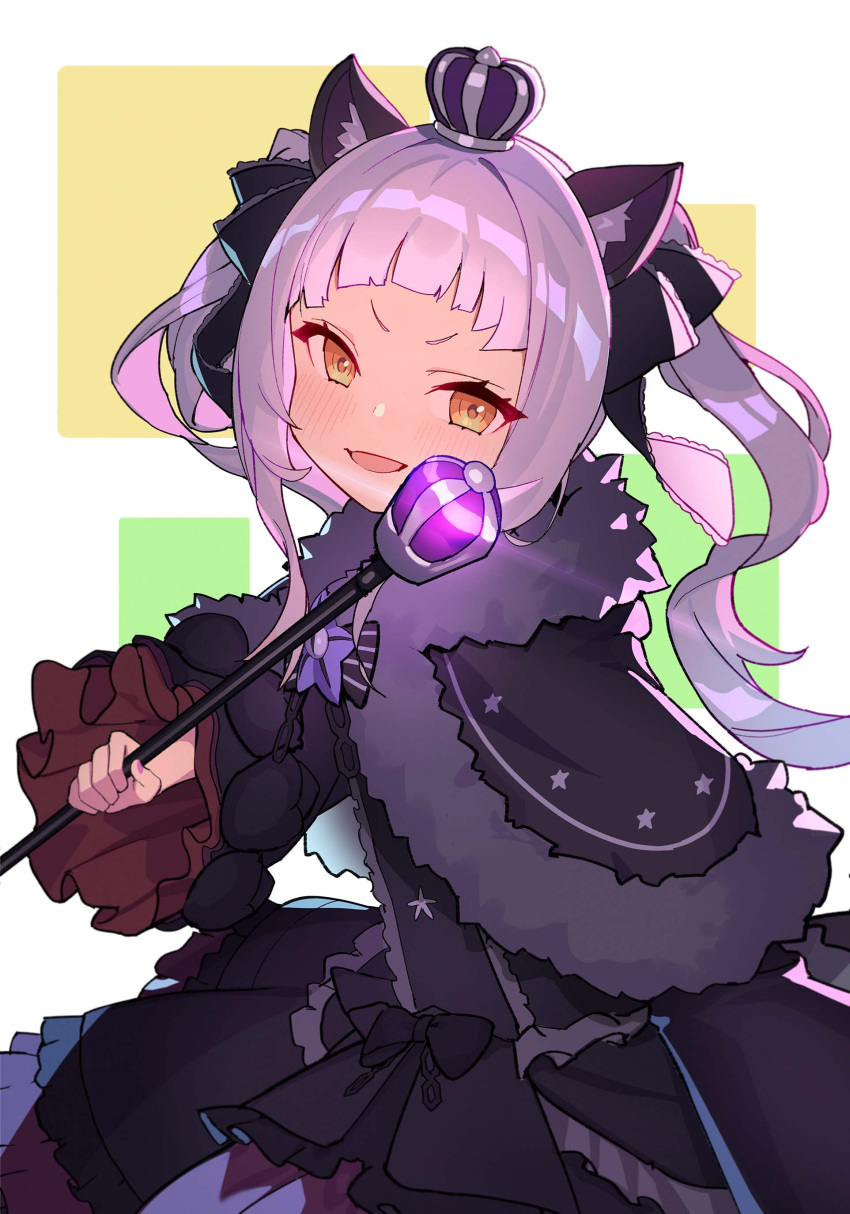 1girl :d absurdres animal_ear_fluff animal_ears bangs black_bow black_capelet black_dress blush bow brown_eyes capelet cat_ears commentary_request crown dress frilled_sleeves frills fur-trimmed_capelet fur_trim grey_hair hair_bow highres holding hololive long_hair long_sleeves looking_at_viewer mini_crown murasaki_shion ohihil smile solo twintails v-shaped_eyebrows very_long_hair virtual_youtuber white_background wide_sleeves