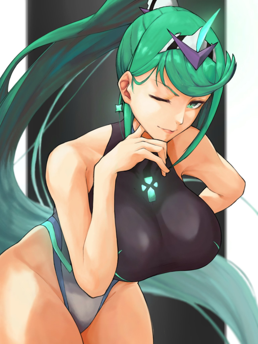 1girl artist_request bangs breasts chest_jewel earrings eyebrows_visible_through_hair green_eyes green_hair hair_ornament headpiece highres jewelry large_breasts long_hair looking_at_viewer one-piece_swimsuit one_eye_closed pneuma_(xenoblade) ponytail simple_background solo swept_bangs swimsuit tiara very_long_hair xenoblade_chronicles_(series) xenoblade_chronicles_2