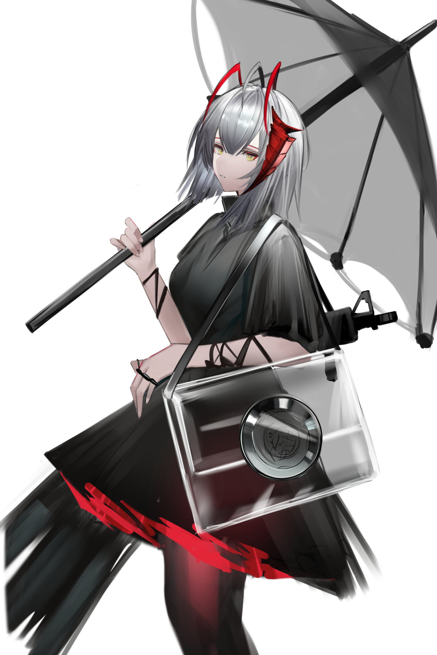 1girl absurdres ahoge antenna_hair antennae arknights arm_ribbon bag bangs black_dress breasts brush_stroke collared_dress dress eugle_na expressionless from_side grey_hair grey_umbrella hair_between_eyes hand_up handbag head_tilt highres holding holding_umbrella horns looking_at_viewer medium_hair pantyhose parted_lips red_legwear red_skirt ribbon rifle_on_back ringlets shiny shiny_hair shiny_horns short_sleeves sideways_glance simple_background skirt solo standing strap transparent transparent_bag transparent_umbrella umbrella w_(arknights) white_background yellow_eyes