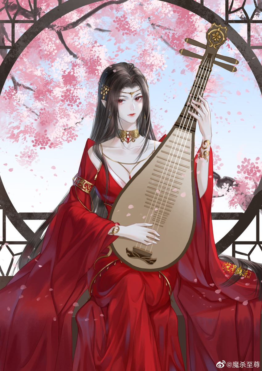 1girl absurdres bare_shoulders blue_sky brown_hair cai_lin_(doupo_cangqiong) crossed_legs doupo_cangqiong dress falling_petals hair_ornament highres instrument jewelry long_hair looking_at_viewer mo_sha_zhi_zun necklace petals pointy_ears red_dress red_eyes sitting sky upper_body