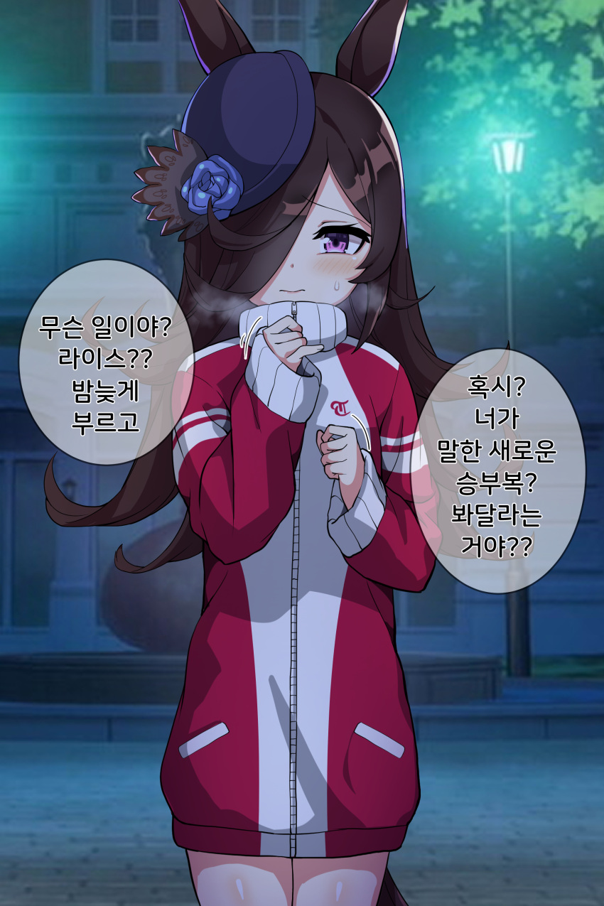 1girl absurdres animal_ears ao_(user_xcnx5328) black_hair blush commentary_request hat highres horse_ears horse_girl jacket korean_commentary korean_text long_hair looking_at_viewer night rice_shower_(umamusume) solo sweatdrop track_jacket translation_request umamusume violet_eyes