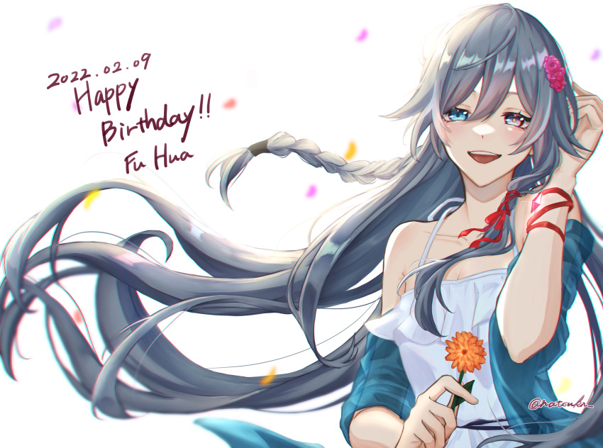 1girl 2022 :d absurdres artist_name bangs bare_shoulders black_hair blue_eyes blue_jacket character_name confetti dress flower fu_hua hair_flower hair_ornament happy_birthday highres holding holding_flower honkai_(series) honkai_impact_3rd jacket long_hair looking_at_viewer natsukn open_mouth simple_background smile solo sundress white_background white_dress