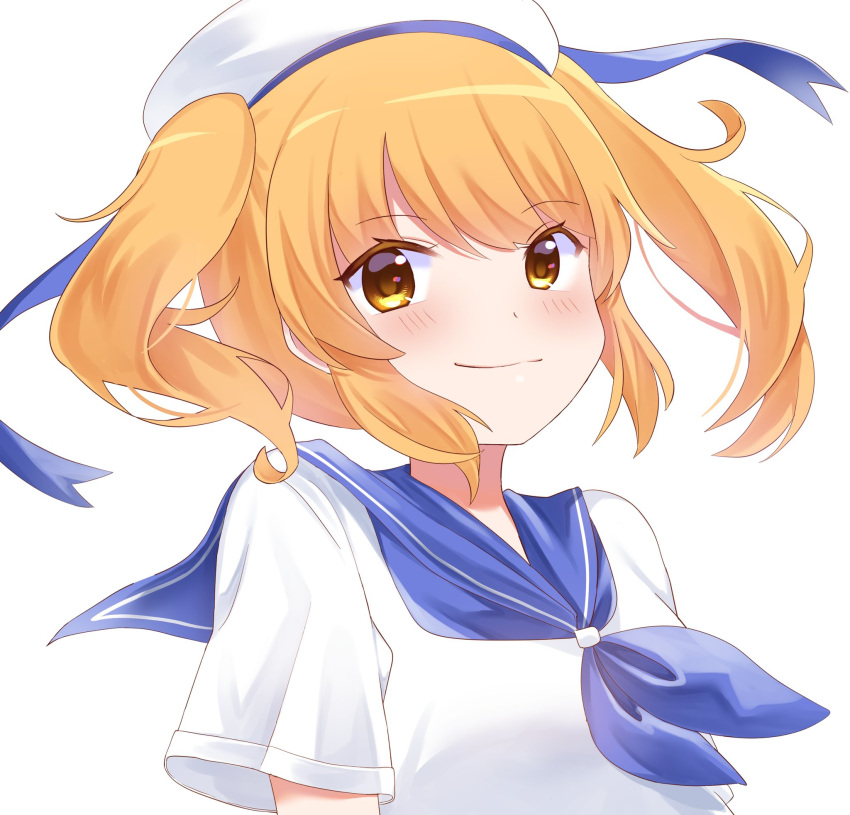 1girl blonde_hair blue_neckerchief blue_sailor_collar blush closed_mouth commentary_request face happy hat highres kitashirakawa_chiyuri medium_hair milll_77 neckerchief sailor sailor_collar sailor_hat sailor_shirt shirt short_sleeves simple_background smile solo touhou touhou_(pc-98) twintails two_side_up uniform upper_body white_background white_headwear white_shirt yellow_eyes