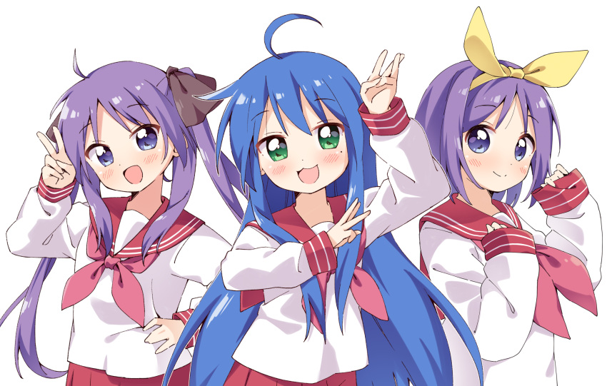 3girls :3 ahoge arm_up bangs blue_hair blush bow bright_pupils brown_bow closed_mouth cowboy_shot dot_nose double_horizontal_stripe eyebrows_visible_through_hair eyes_visible_through_hair flipped_hair green_eyes hair_between_eyes hair_bow hair_ornament hand_on_hip hand_up hands_up haru_(konomi_150) head_tilt highres hiiragi_kagami hiiragi_tsukasa izumi_konata long_hair long_sleeves looking_at_viewer lucky_star medium_hair miniskirt multiple_girls neckerchief open_mouth outline pleated_skirt purple_hair red_neckerchief red_sailor_collar red_skirt ryouou_school_uniform sailor_collar school_uniform shirt sidelocks simple_background skirt sleeves_past_wrists smile standing straight_hair tareme tsurime twintails upper_body v very_long_hair violet_eyes white_background white_outline white_shirt yellow_bow