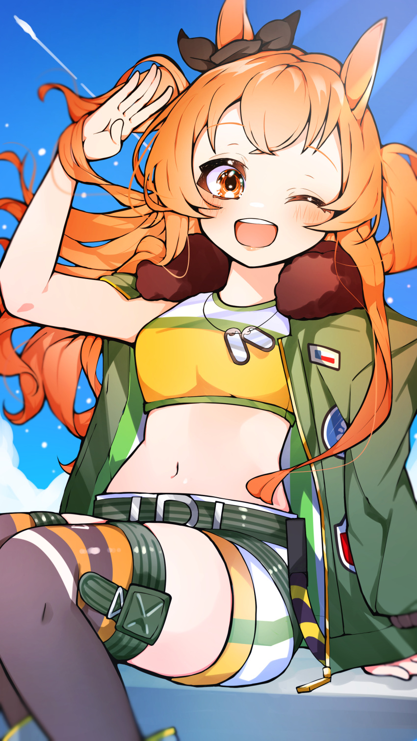 1girl ;d absurdres animal_ears bangs belt black_belt black_legwear black_ribbon blue_sky bomber_jacket clouds commentary_request contrail crop_top day dog_tags ear_ribbon hand_in_own_hair highres horse_ears horse_girl horse_tail jacket jacket_on_shoulders long_hair looking_at_viewer mayano_top_gun_(umamusume) midriff navel one_eye_closed orange_eyes orange_hair outdoors partial_commentary ribbon salute shirt short_shorts shorts sitting sky smile solo tail thigh-highs thigh_strap two_side_up umamusume wind yellow_shirt zukki0731