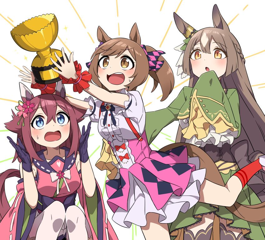 1-4daithi 3girls absurdres animal_ears blue_eyes breasts brown_eyes brown_hair gloves hair_between_eyes hair_flaps hair_ornament highres horse_ears horse_girl long_sleeves medium_breasts medium_hair multiple_girls open_mouth sakura_chiyono_o_(umamusume) satono_diamond_(umamusume) simple_background smart_falcon_(umamusume) trophy umamusume