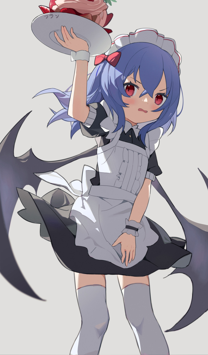 1girl absurdres alternate_costume annoyed apron arm_up bat_wings blue_hair blush bow dress enmaided eyebrows_behind_hair fang feet_out_of_frame grey_background hair_between_eyes highres holding holding_tray maid maid_headdress measho open_mouth puffy_short_sleeves puffy_sleeves red_eyes remilia_scarlet short_sleeves simple_background solo standing thigh-highs touhou tray v-shaped_eyebrows waist_apron white_apron white_legwear wings wrist_cuffs zettai_ryouiki
