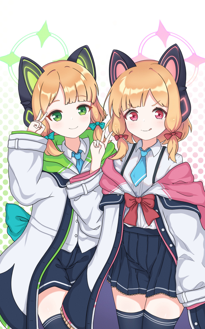 2girls absurdres animal_ears bangs black_legwear black_skirt blue_archive blunt_bangs cat_ears collared_shirt commentary_request eyebrows_visible_through_hair fake_animal_ears green_eyes hair_ribbon halo headphones highres hooded_coat hrna light_brown_hair long_sleeves looking_at_viewer midori_(blue_archive) momoi_(blue_archive) multiple_girls necktie off-shoulder_coat off_shoulder parted_bangs pleated_skirt red_eyes ribbon school_uniform shirt short_hair siblings sidelocks skirt suspenders tress_ribbon twins v white_background zettai_ryouiki