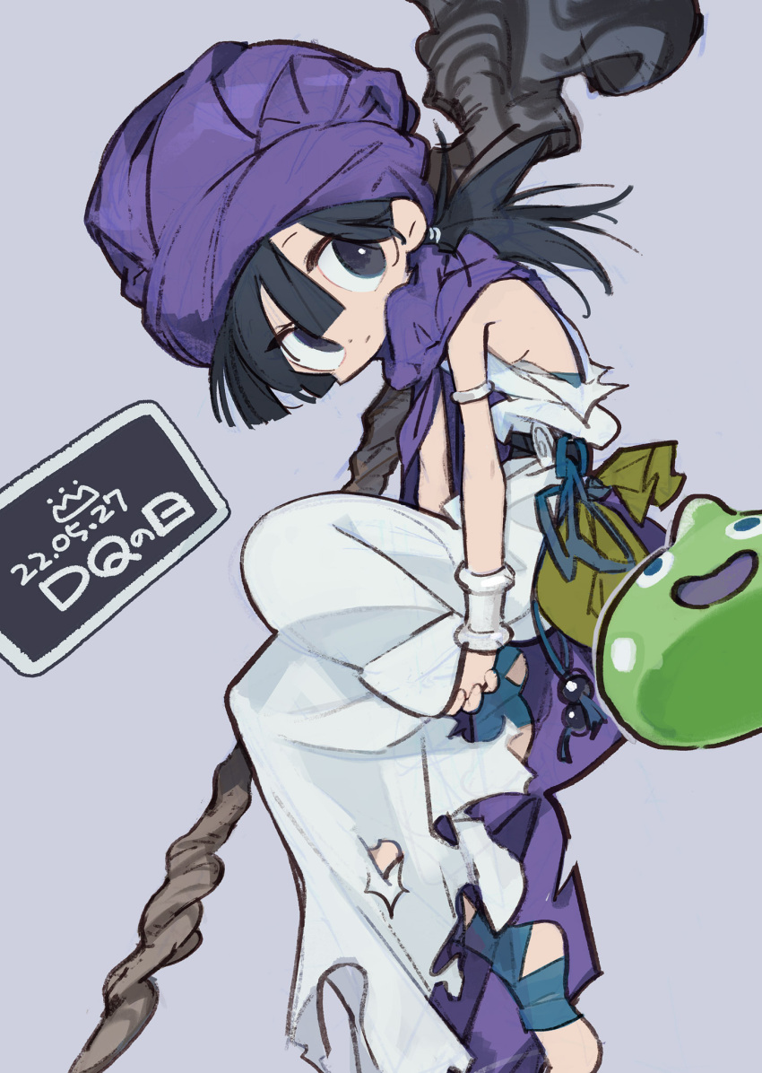 1boy amiami armlet bandaged_foot bandages belt_pouch black_hair blue_eyes bracelet creature dated dragon_quest grey_background grey_eyes hair_between_eyes highres jewelry long_hair male_focus no_shoes ponytail pouch simple_background slime_(creature) staff torn torn_clothes