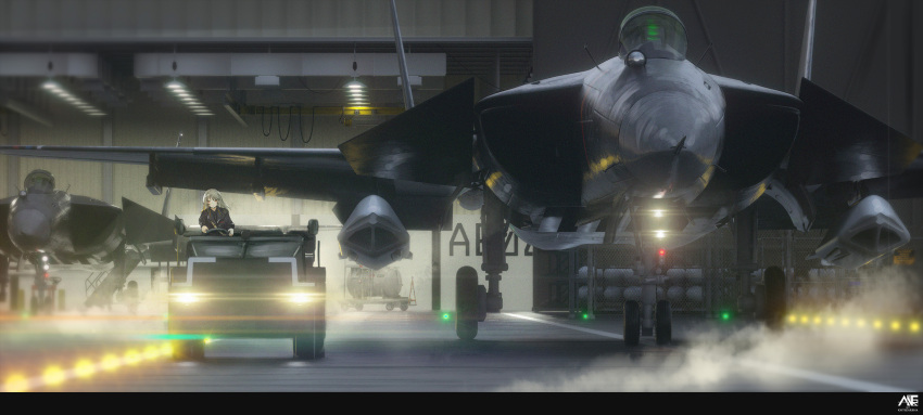 1girl aircraft airplane antares_cao blonde_hair chain-link_fence commentary_request driving fence fighter_jet ground_vehicle hangar headlight highres jet light long_hair military military_vehicle motor_vehicle original runway solo su-47_berkut trailer truck wide_shot