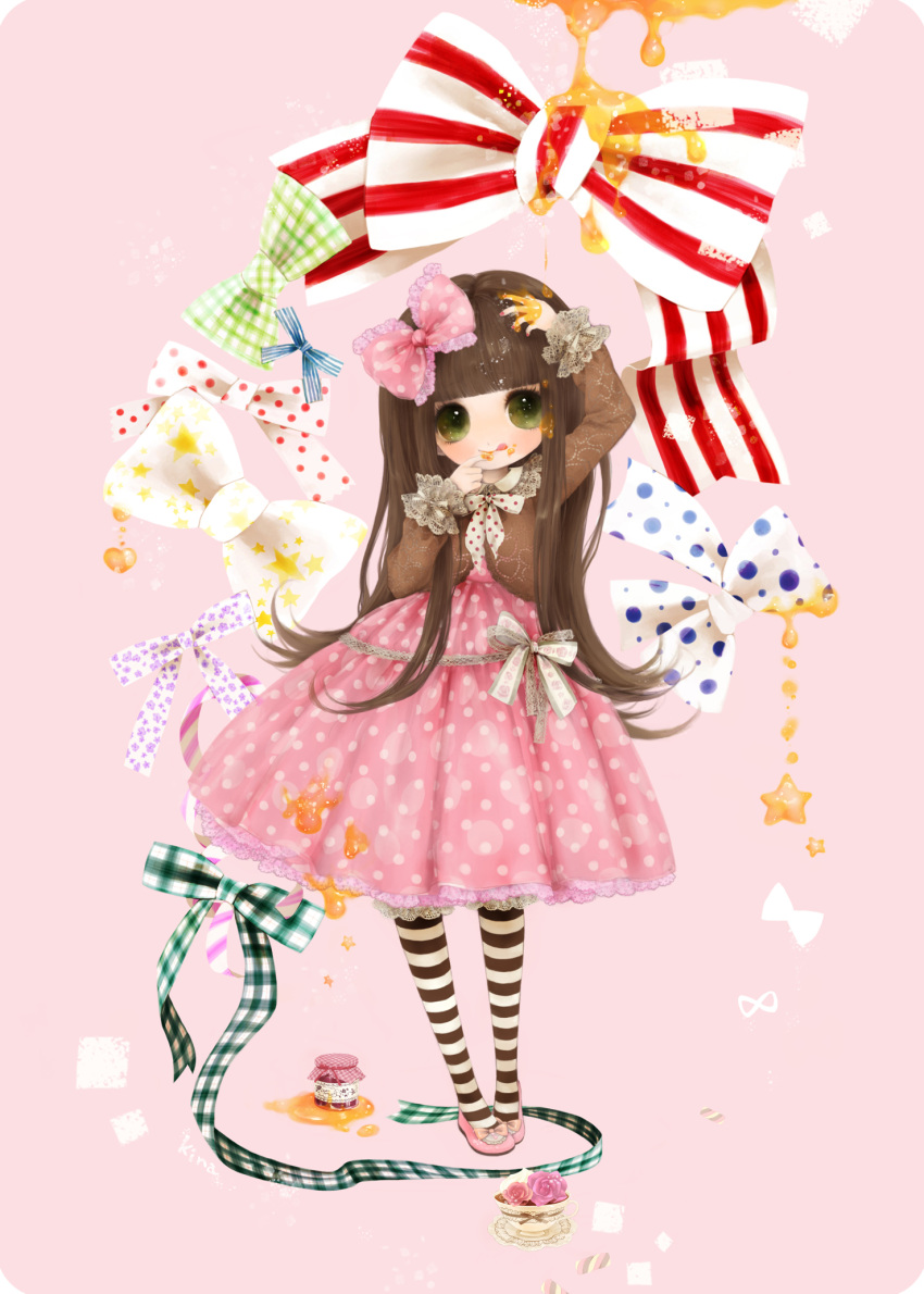 1girl :q arm_up bangs blunt_bangs bow bowtie brown_hair brown_shirt collared_dress cup dress finger_to_mouth flats flower food food_on_clothes food_on_face food_on_head green_eyes hair_bow heart heart_print highres honey jar kabasawa_kina lace-trimmed_sleeves lace_trim lolita_fashion long_hair long_sleeves object_on_head original petticoat pink_background pink_dress pink_footwear polka_dot polka_dot_bow polka_dot_dress ribbon rose shirt solo standing star_(symbol) striped striped_legwear tareme teacup tongue tongue_out