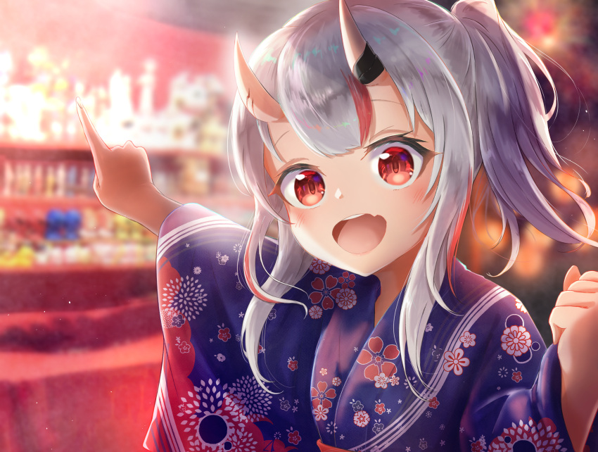 1girl :d absurdres blue_kimono blurry blurry_background commentary_request depth_of_field floral_print grey_hair highres hilamaru hololive horns japanese_clothes kimono long_hair long_sleeves looking_at_viewer market_stall multicolored_hair nakiri_ayame oni oni_horns outdoors outstretched_arm pointing ponytail print_kimono red_eyes redhead sidelocks smile solo streaked_hair teeth upper_body upper_teeth virtual_youtuber wide_sleeves