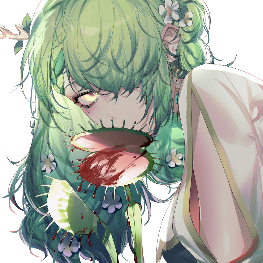 1girl absurdres arm_cutout bangs blood ceres_fauna covered_mouth english_commentary flower green_hair hair_behind_ear hair_flower hair_ornament hair_over_one_eye highres hololive hololive_english long_hair looking_at_viewer one_eye_covered plant solo venus_flytrap virtual_youtuber white_flower yellow_eyes ysoroth