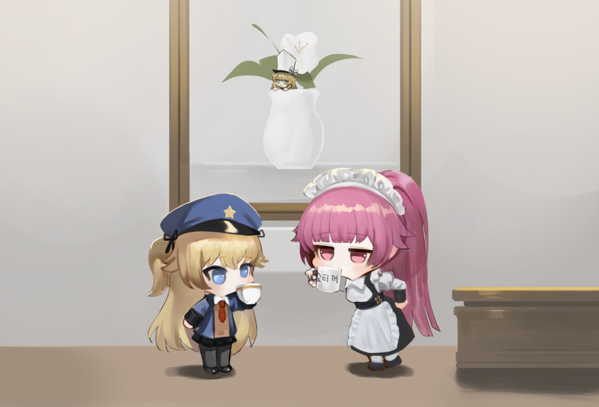 2girls black_dress black_footwear black_legwear black_ribbon black_skirt blonde_hair blue_eyes blue_headwear blue_jacket chibi collared_shirt commentary_request cup dokomon dress girls_frontline hair_ribbon hat highres holding holding_cup indoors jacket juliet_sleeves korean_commentary long_hair long_sleeves mug multiple_girls necktie ntw-20_(girls'_frontline) open_clothes open_jacket painting_(object) pantyhose peaked_cap pleated_skirt ponytail puffy_sleeves purple_hair red_necktie ribbon shirt shoes skirt standing super-shorty_(girls'_frontline) sweater_vest two_side_up very_long_hair violet_eyes white_legwear white_shirt