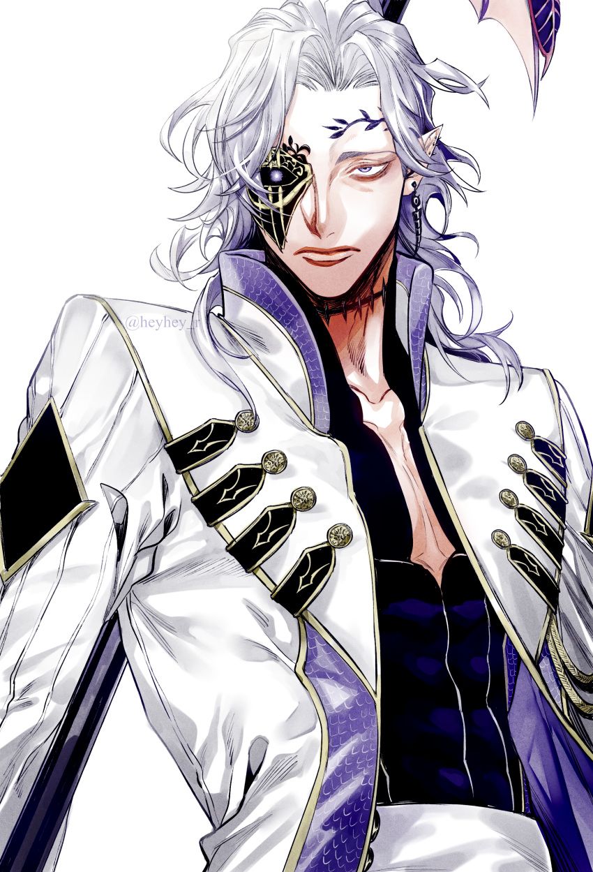 1boy absurdres earrings expressionless hades_(shuumatsu) highres jacket jewelry long_hair looking_at_viewer male_focus ryuuhei shuumatsu_no_valkyrie simple_background solo white_background white_hair white_jacket