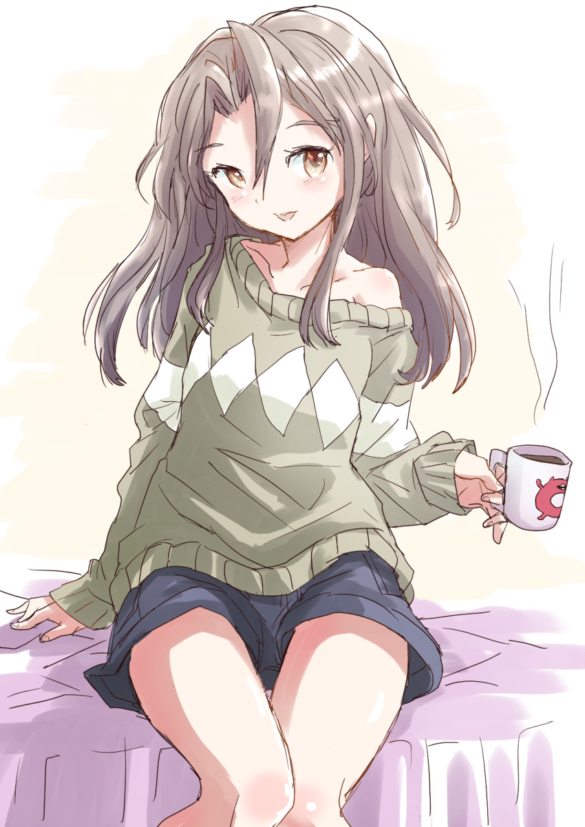 1girl abyssal_ship alternate_costume bed black_shorts bug commentary_request cowboy_shot enemy_lifebuoy_(kancolle) fuji_(pixiv24804665) grey_hair grey_sweater hair_down highres kantai_collection long_hair looking_at_viewer off-shoulder_sweater off_shoulder shorts sitting solo sweater zuihou_(kancolle)