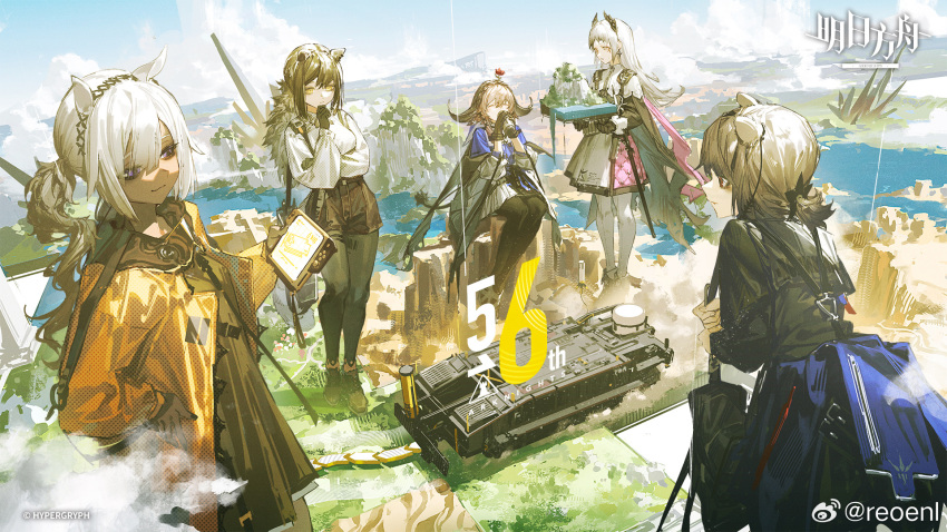 5girls absinthe_(arknights) animal_ears anniversary arknights backpack bag bear_ears bear_girl black_jacket black_pantyhose breasts brown_hair brown_shorts capelet chinese_commentary coat commentary_request copyright_logo copyright_notice cow_tail creator_connection cross_scar dark-skinned_female dark_skin earrings flower flower_on_head freckles front-seamed_legwear hand_on_own_chin head_wings highres holding horns irene_(arknights) jacket jewelry multiple_girls official_art pallas_(arknights) pantyhose pink_skirt ponytail purple_shirt red_eyes reoen rhodes_island_landship robin_(arknights) scar scar_across_eye scar_on_face seamed_legwear shirt shoes shorts shoulder_strap sitting skirt standing tail tuye_(arknights) watermark weibo_watermark white_capelet white_hair white_pantyhose white_skirt wings yellow_coat