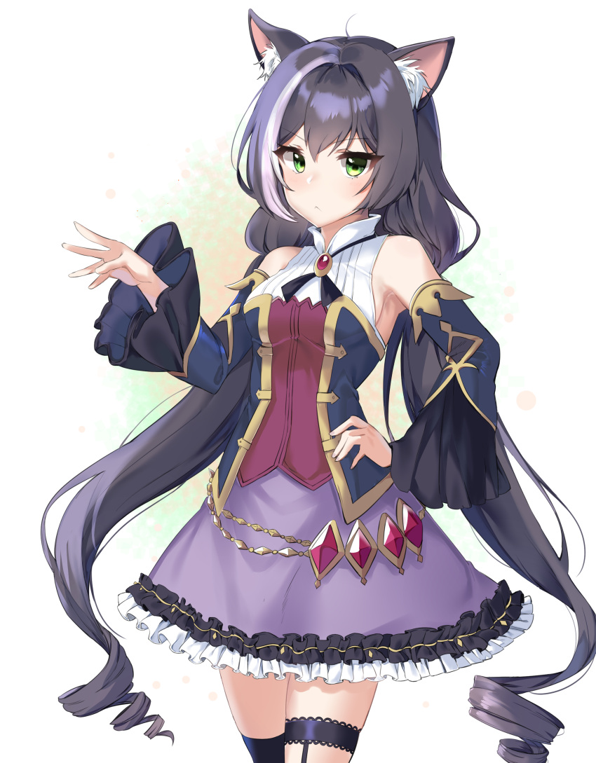 1girl absurdres animal_ear_fluff animal_ears bare_shoulders black_hair breasts cat_ears cowboy_shot detached_sleeves green_eyes hand_on_hip highres karyl_(princess_connect!) leg_garter long_hair looking_at_viewer low_twintails multicolored_hair princess_connect! purple_skirt ringlets skirt sleeveless small_breasts solo streaked_hair sz_dt twintails very_long_hair white_hair