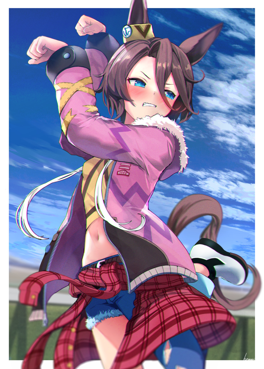 1girl animal_ears arms_up asymmetrical_clothes bangs blue_eyes blue_sky blush breasts brown_hair clenched_hands clenched_teeth clothes_around_waist clouds commentary_request cutoffs day denim drawstring ear_ornament fur-trimmed_jacket fur_trim groin hair_between_eyes highres horse_ears horse_girl horse_pose horse_tail horseshoe_ornament jacket jacket_around_waist jeans kotonari_seesaa long_sleeves looking_away midriff narita_taishin_(umamusume) navel open_clothes open_jacket pants pink_jacket plaid red_jacket shirt short_hair sidelocks signature single_pantsleg sky small_breasts solo standing standing_on_one_leg tail teeth tied_shirt torn_clothes torn_pants umamusume white_footwear yellow_shirt zipper