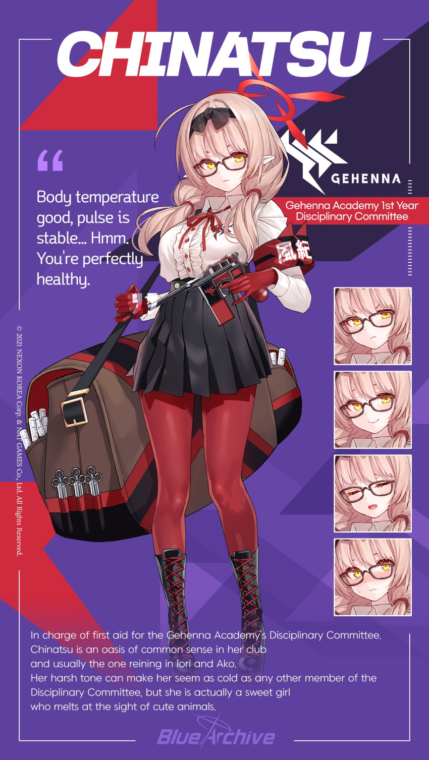 1girl absurdres ahoge armband bag blue_archive boots character_name character_sheet chinatsu_(blue_archive) duffel_bag glasses gun halo handgun highres holding holding_gun holding_weapon mauser_c96 mx2j_(nsh6394) official_art pantyhose pink_hair pointy_ears school_uniform solo twintails weapon yellow_eyes