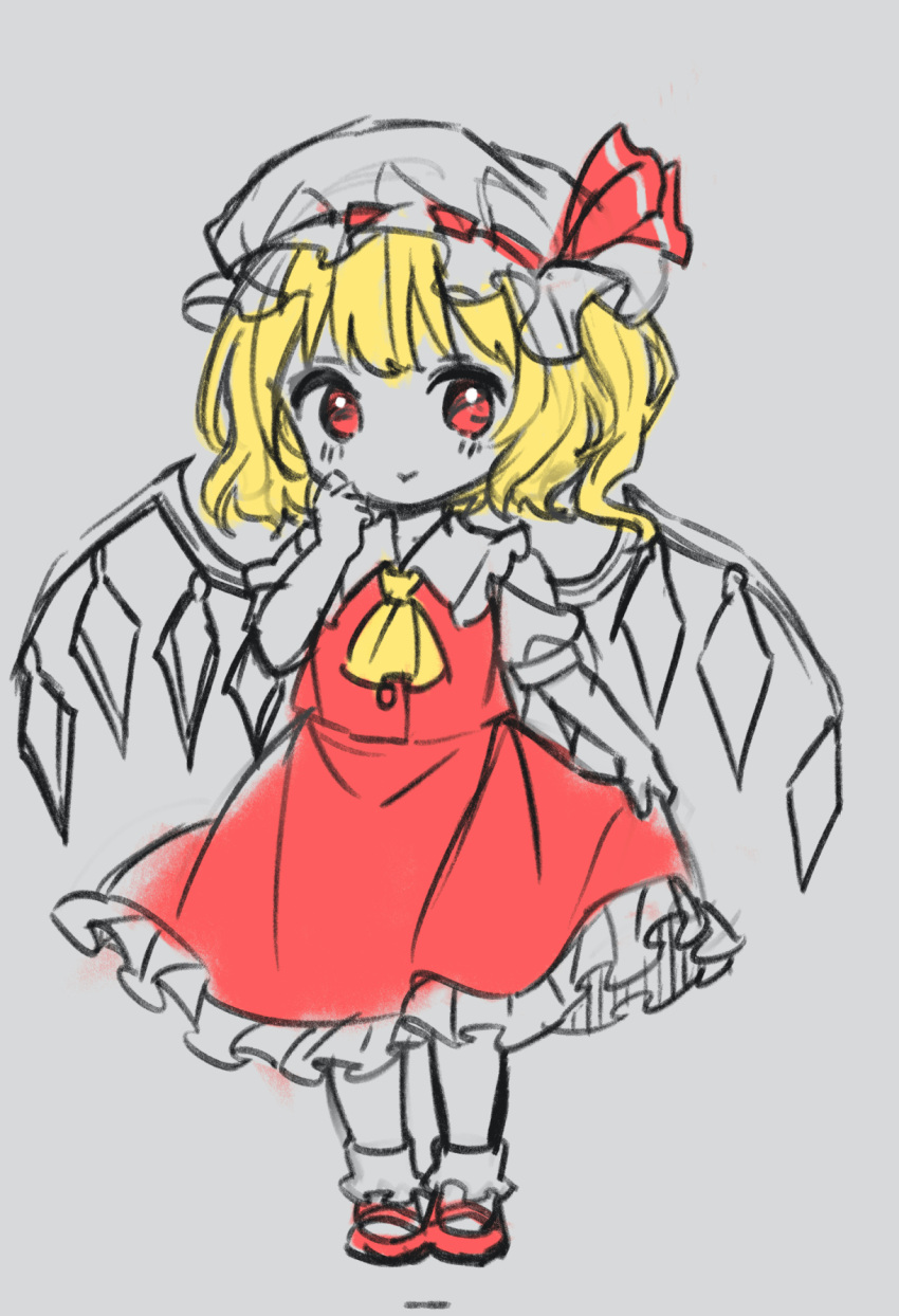 1girl :&gt; ama-tou ascot blonde_hair bobby_socks closed_mouth collared_shirt commentary_request crystal flandre_scarlet frilled_skirt frills full_body grey_background grey_headwear grey_legwear grey_shirt hand_up hat highres mob_cap one_side_up puffy_short_sleeves puffy_sleeves red_eyes red_footwear red_skirt red_vest shirt shoes short_sleeves simple_background sketch skirt skirt_hold smile socks solo standing touhou vest wings yellow_ascot