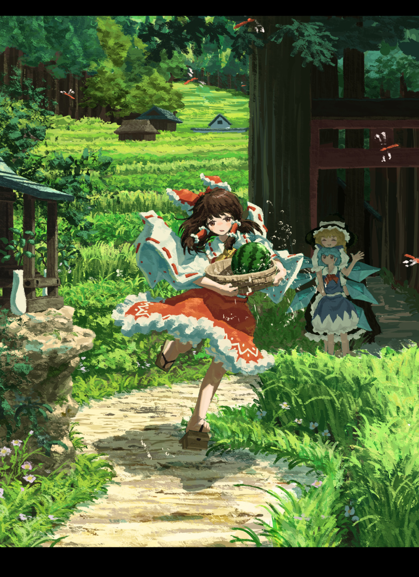 3girls ascot black_headwear blonde_hair blue_bow blue_hair blue_skirt blue_vest blush bow bowl brown_hair bug building cirno closed_eyes collared_shirt commentary detached_sleeves dragonfly field flower food forest frilled_bow frilled_hair_tubes frilled_skirt frills fruit geta grass hair_bow hair_tubes hakurei_reimu hat head_on_head head_rest highres holding holding_bowl house ice ice_wings kajatony kirisame_marisa letterboxed long_hair looking_at_another looking_at_viewer medium_hair multiple_girls nature neckerchief nose_blush outdoors parted_lips path puffy_short_sleeves puffy_sleeves red_bow red_neckerchief red_skirt red_vest ribbon-trimmed_sleeves ribbon_trim scenery shirt short_hair short_sleeves shrine sidelocks skirt skirt_set standing standing_on_one_leg sweatdrop torii touhou tree vase vest water watermelon white_flower white_shirt white_sleeves wide_sleeves wings witch_hat yellow_ascot