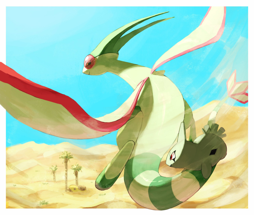 bishamon_(usagi_ba) border closed_mouth day desert flygon flying highres larvitar looking_back no_humans outdoors pokemon pokemon_(creature) sand sky smile symbol-only_commentary white_border