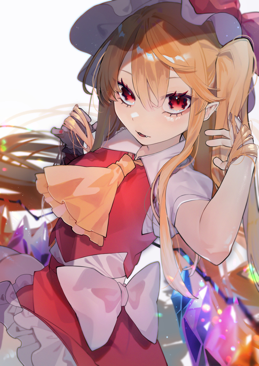1girl absurdly_long_hair absurdres alternate_hair_length alternate_hairstyle ascot bangs blonde_hair blurry blush bow crystal depth_of_field eyebrows_visible_through_hair fang flandre_scarlet frills hair_between_eyes hair_flowing_over hat hat_bow hat_ribbon highres kappa_mame light_smile long_hair looking_at_viewer mob_cap nail_polish one_side_up parted_lips pointy_ears puffy_short_sleeves puffy_sleeves red_eyes red_skirt red_vest ribbon shirt short_sleeves skirt skirt_set solo thigh-highs touhou very_long_hair vest white_headwear white_shirt wings
