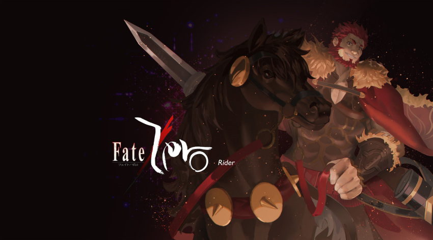 1boy absurdres armor beard breastplate bucephalus_(fate) cape character_name copyright_name facial_hair fate/zero fate_(series) fur-trimmed_cape fur_trim highres holding holding_sword holding_weapon horse horseback_riding iskandar_(fate) leather long_sideburns male_focus mature_male muscular muscular_male red_cape red_eyes redhead riding short_sword sideburns sword weapon ying_shi_de_xia_yeji