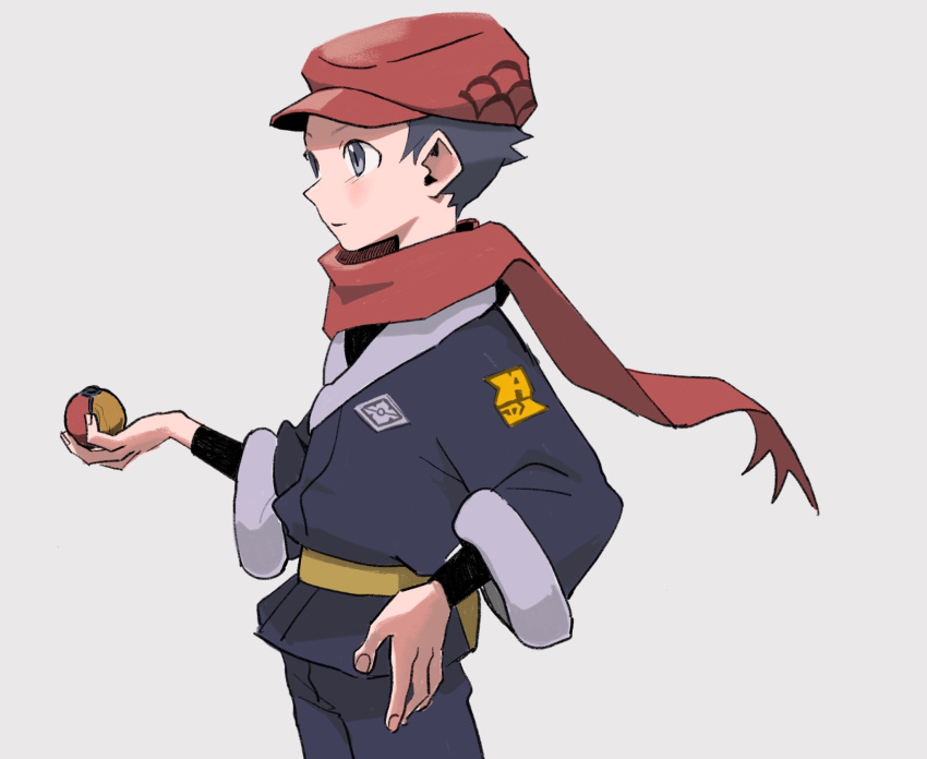 1boy black_hair black_shirt blush closed_mouth commentary_request floating_scarf from_side grey_eyes grey_jacket grey_pants hat highres holding holding_poke_ball ivib jacket korean_commentary logo male_focus pants poke_ball poke_ball_(legends) pokemon pokemon_(game) pokemon_legends:_arceus red_headwear red_scarf rei_(pokemon) scarf shirt short_hair solo