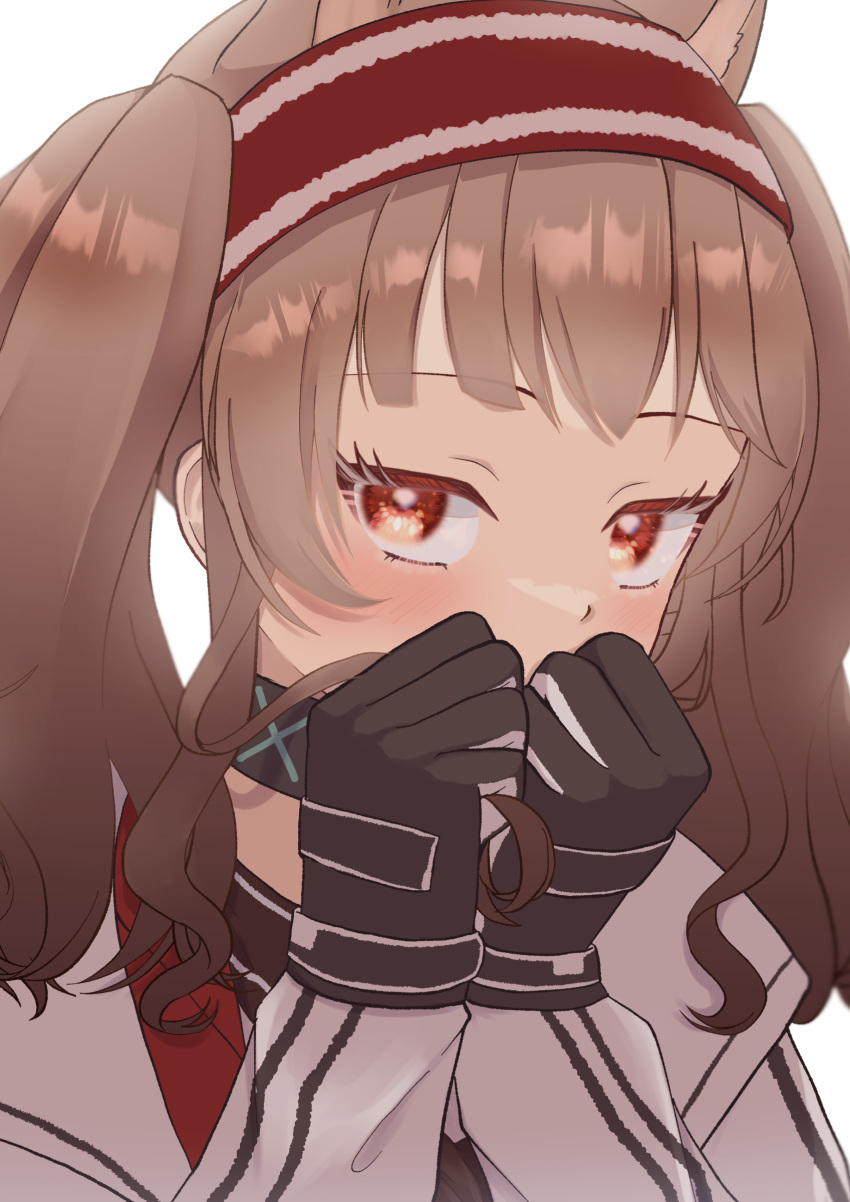 1girl absurdres angelina_(arknights) animal_ears arknights bangs black_gloves blush brown_hair coat collar covering_mouth eyebrows_visible_through_hair fox_ears gloves highres infection_monitor_(arknights) long_hair long_sleeves looking_at_viewer open_clothes open_coat red_eyes simple_background solo twintails upper_body white_background white_coat yokuto