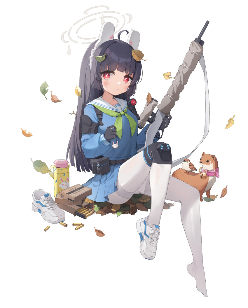 1girl absurdres ahoge animal_ears bangs bird black_gloves black_hair blue_archive blue_skirt blush bolt_action bottle breasts bullet eyebrows_visible_through_hair fake_animal_ears full_body gloves gun hair_ornament halo highres holding holding_gun holding_weapon leaf leaf_on_head long_hair long_sleeves looking_at_viewer mearyo miyu_(blue_archive) neckerchief pantyhose pleated_skirt rabbit_ears red_eyes rifle sailor_collar school_uniform scope serafuku shirt shoes single_shoe sitting skirt sling small_breasts solo thighband_pantyhose weapon weasel white_legwear white_shirt