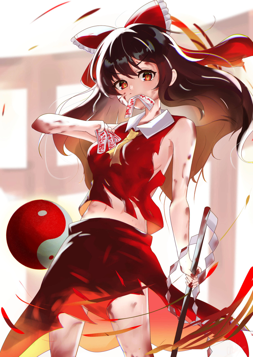 1girl absurdres bangs bow brown_eyes brown_hair chirihouki collared_vest commentary_request cowboy_shot frilled_bow frills gohei hair_bow hakurei_reimu highres holding long_hair midriff mouth_hold navel no_bra ofuda orb outdoors red_skirt red_vest revision simple_background skirt skirt_set sleeveless solo stomach torii torn_clothes torn_vest touhou very_long_hair vest white_background yin_yang yin_yang_orb