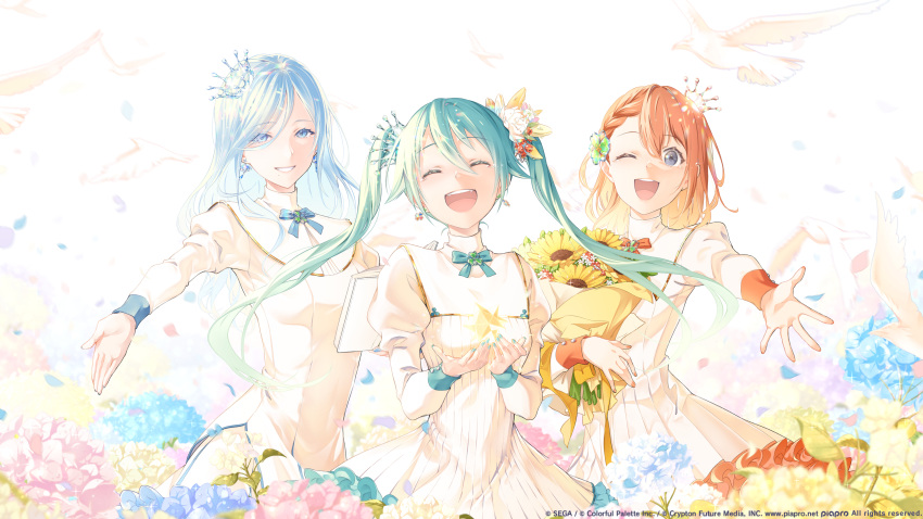 3girls aqua_hair aqua_nails aqua_ribbon bangs beads bird blue_eyes blue_flower blue_nails blue_ribbon blurry book bouno_satoshi bouquet braid breasts brown_hair bud capelet closed_eyes clover clover_earrings clover_hair_ornament covered_navel crown crypton_future_media cupping_hands depth_of_field dew_drop diffraction_spikes dress earrings eyebrows_visible_through_hair eyes_visible_through_hair fingernails flower four-leaf_clover four-leaf_clover_earrings frilled_dress frills glint gold_trim hair_flower hair_ornament hanasato_minori hatsune_miku high_collar highres hinomori_shizuku holding holding_book holding_bouquet jewelry juliet_sleeves laughing light_blue_hair long_hair long_sleeves looking_at_viewer medium_hair milk_crown_on_sonechka_(vocaloid) mini_crown mole mole_under_mouth more_more_jump!_(project_sekai) motion_blur multiple_girls neck_ribbon one_eye_closed open_book open_mouth orange_flower orange_nails outstretched_arm petals piapro pink_flower pleated_dress project_sekai puffy_sleeves ribbon sega side_slit simple_background small_breasts straight_hair sunflower swept_bangs tearing_up tsurime twintails upper_body very_long_hair vocaloid water_drop white_background white_bird white_dress yellow_flower