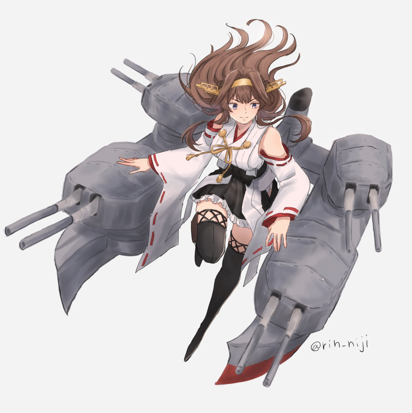 1girl adapted_turret ahoge boots breasts brown_hair cannon detached_sleeves double_bun full_body hair_between_eyes hairband hakama hakama_short_skirt hakama_skirt headgear high_heels highres japanese_clothes kantai_collection kongou_(kancolle) kongou_kai_ni_(kancolle) long_hair machinery mast medium_breasts nontraditional_miko ribbon-trimmed_sleeves ribbon_trim rigging rin_(rin_niji) skirt smokestack solo standing standing_on_one_leg thigh_boots turret twitter_username violet_eyes