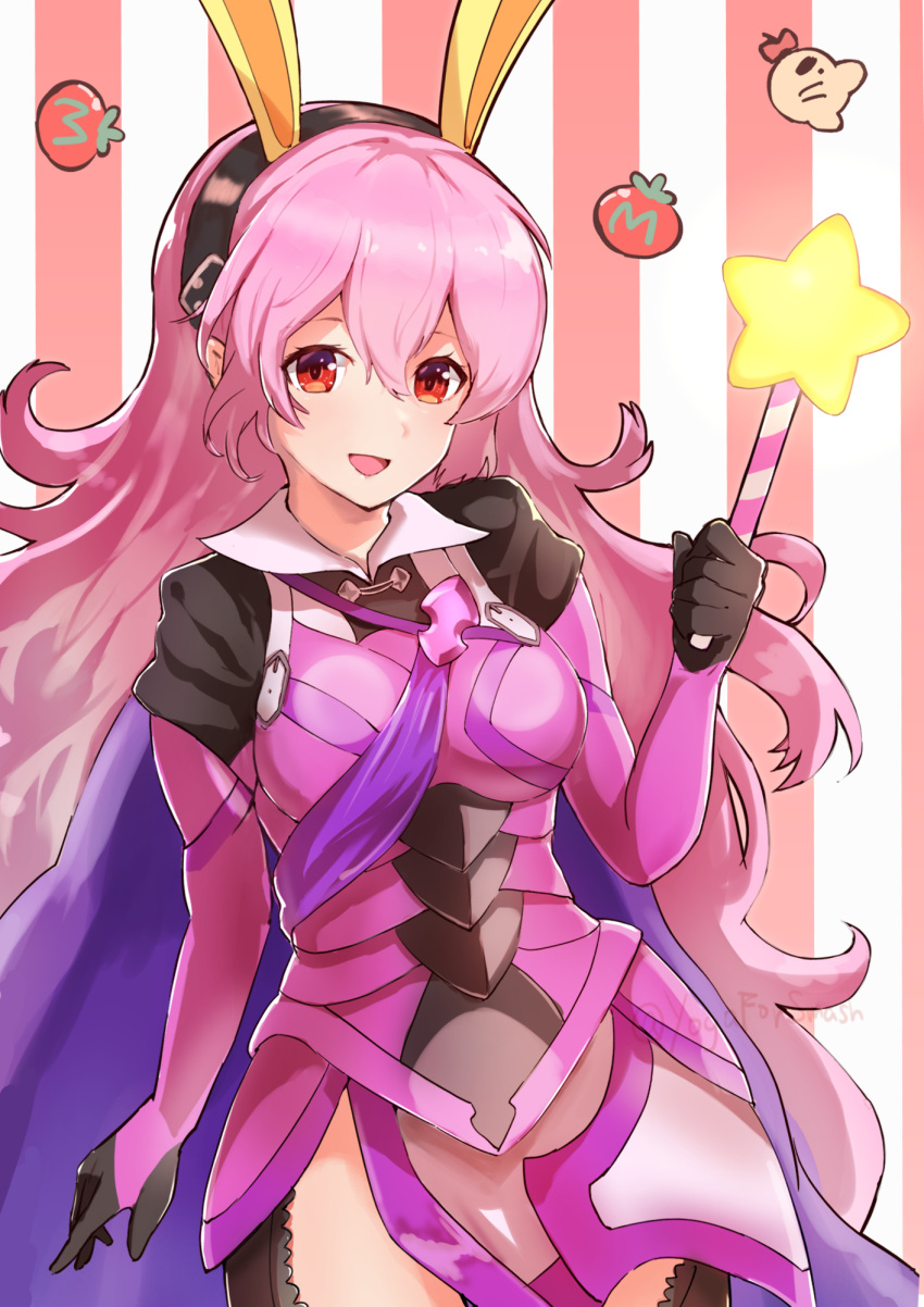 1girl :d alternate_color animal_ears bangs black_hairband cape corrin_(fire_emblem) corrin_(fire_emblem)_(female) doseisan fire_emblem fire_emblem_fates hair_between_eyes hairband highres hirotaka_(hrtk990203) holding holding_weapon kirby_(series) long_hair looking_at_viewer maxim_tomato mother_(game) open_mouth pink_hair purple_cape rabbit_ears red_eyes smile star_rod striped striped_background super_smash_bros. twitter_username weapon