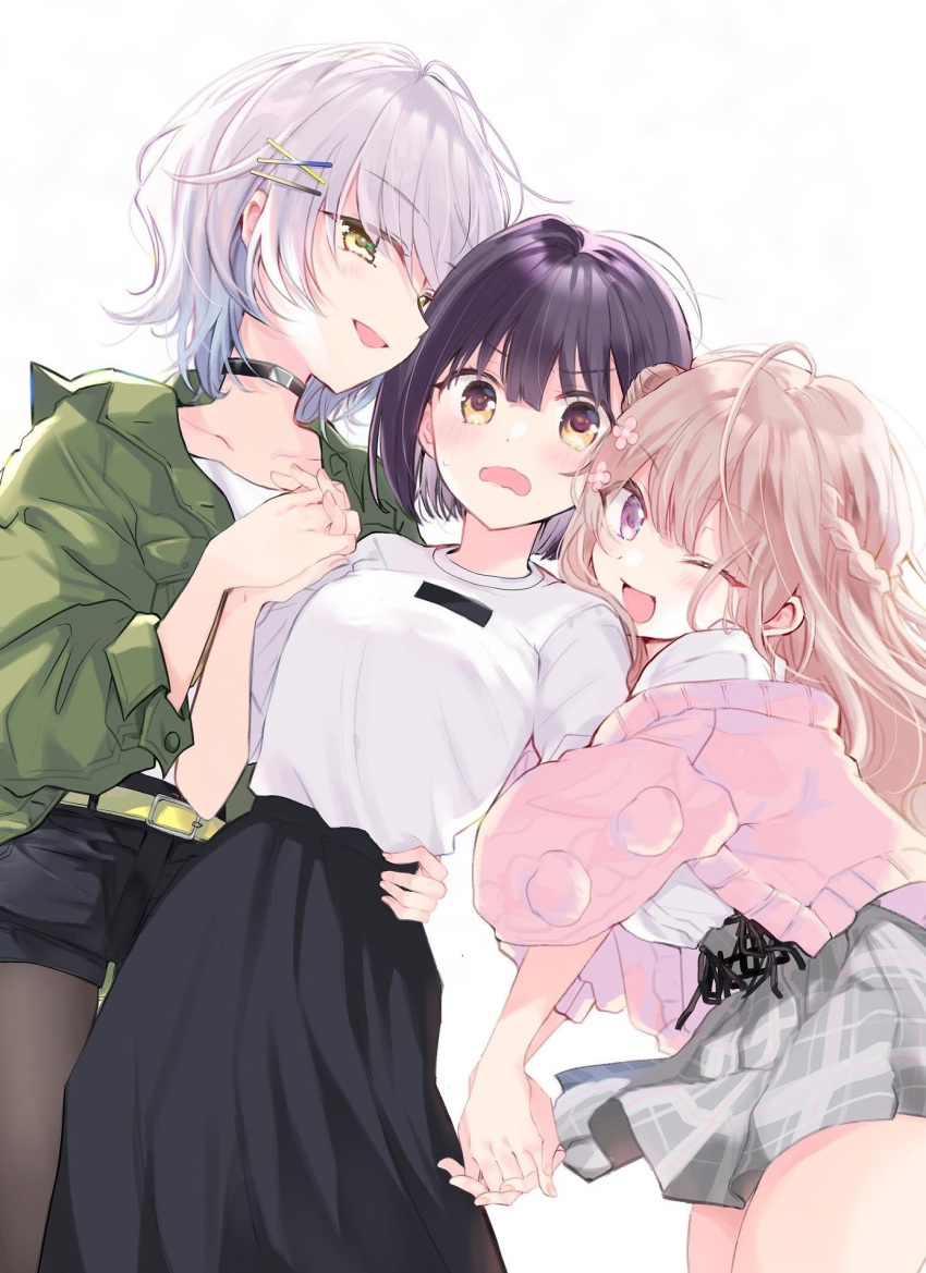 3girls :d ;d arm_around_waist arm_hug bangs belt beni_shake black_choker black_hair black_shorts black_skirt blush bob_cut breasts brown_eyes brown_hair cardigan choker cover_image cowboy_shot dengeki_bunko eyebrows_visible_through_hair girl_sandwich green_jacket grey_skirt hair_ornament hairclip highres holding_hands interlocked_fingers jacket long_hair long_sleeves looking_at_viewer medium_breasts miniskirt multiple_girls novel_illustration official_art one_eye_closed open_mouth pink_cardigan plaid plaid_skirt sandwiched second-party_source shirt shirt_tucked_in short_hair short_shorts shorts simple_background skirt smile textless_version violet_eyes white_background white_hair white_shirt yellow_eyes yuri_ni_hasamareteru_onna_tte_tsumi_desu_ka?