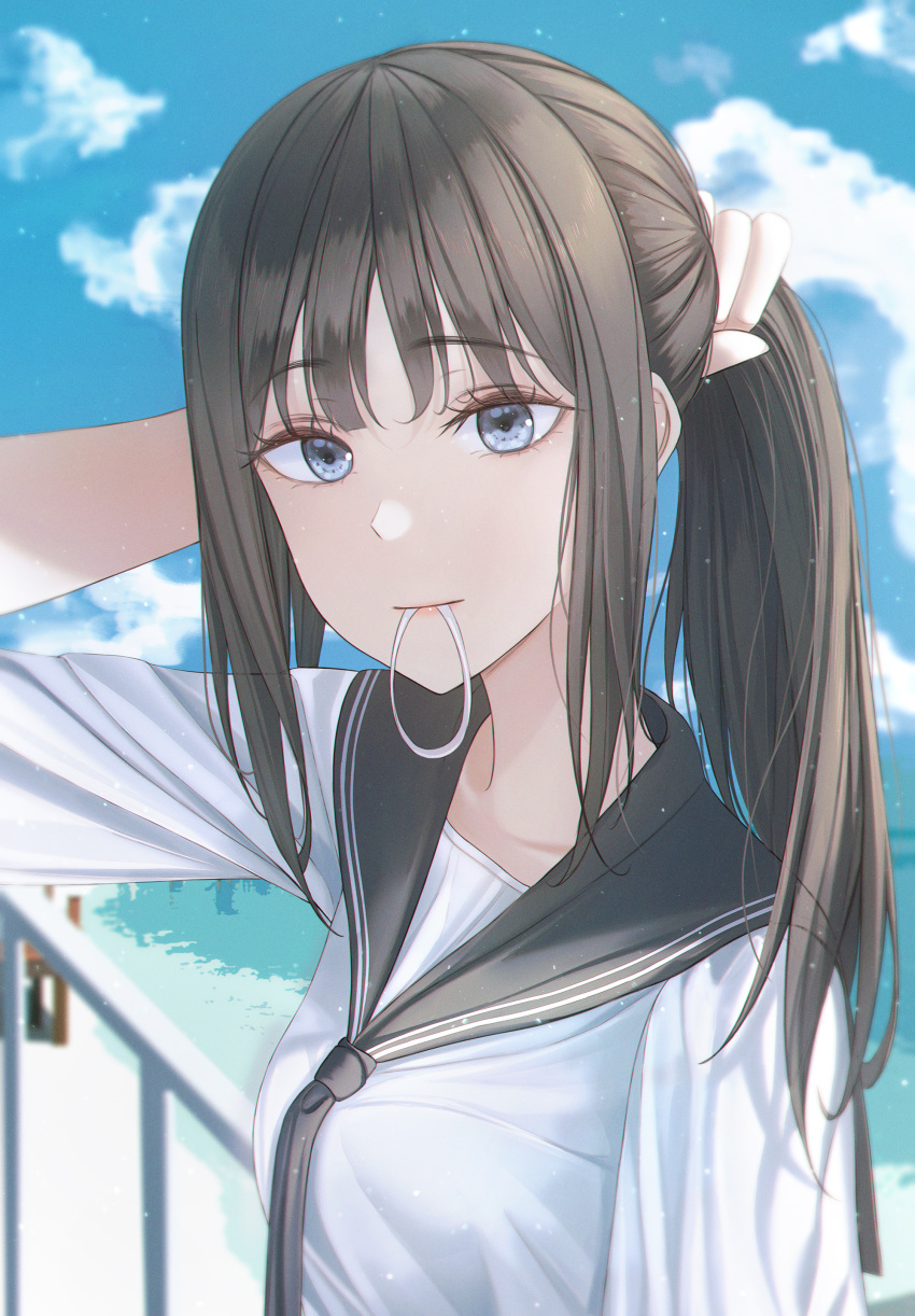 1girl absurdres bangs black_hair black_sailor_collar blue_eyes blue_sky blunt_bangs clouds commentary eyebrows_visible_through_hair highres long_hair looking_at_viewer mouth_hold original ponytail portrait sailor_collar school_uniform serafuku sky solo youngsok