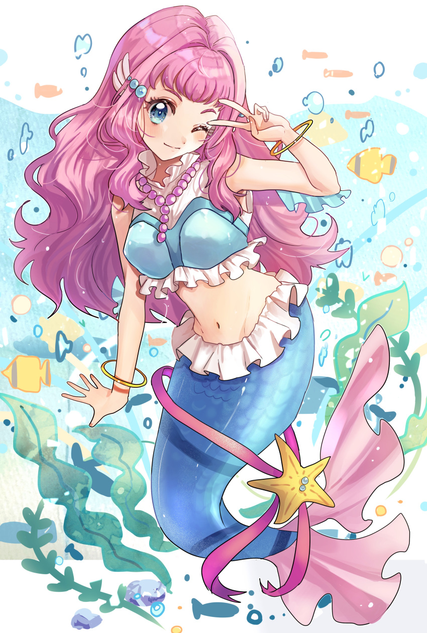 1girl absurdres air_bubble aqua_eyes blouse blush bracelet breasts bubble closed_mouth fish full_body head_fins highres huwarinn99 jewelry laura_la_mer lips long_hair medium_breasts mermaid monster_girl multicolored_shirt navel necklace one_eye_closed pink_hair precure scales seaweed shirt sleeveless smile solo starfish submerged thick_eyelashes tropical-rouge!_precure underwater v water